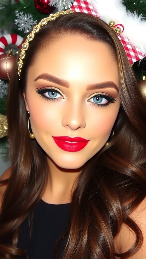 Glamorous Christmas party makeup with gold eyeshadow and red lipstick, styled with holiday accessories.